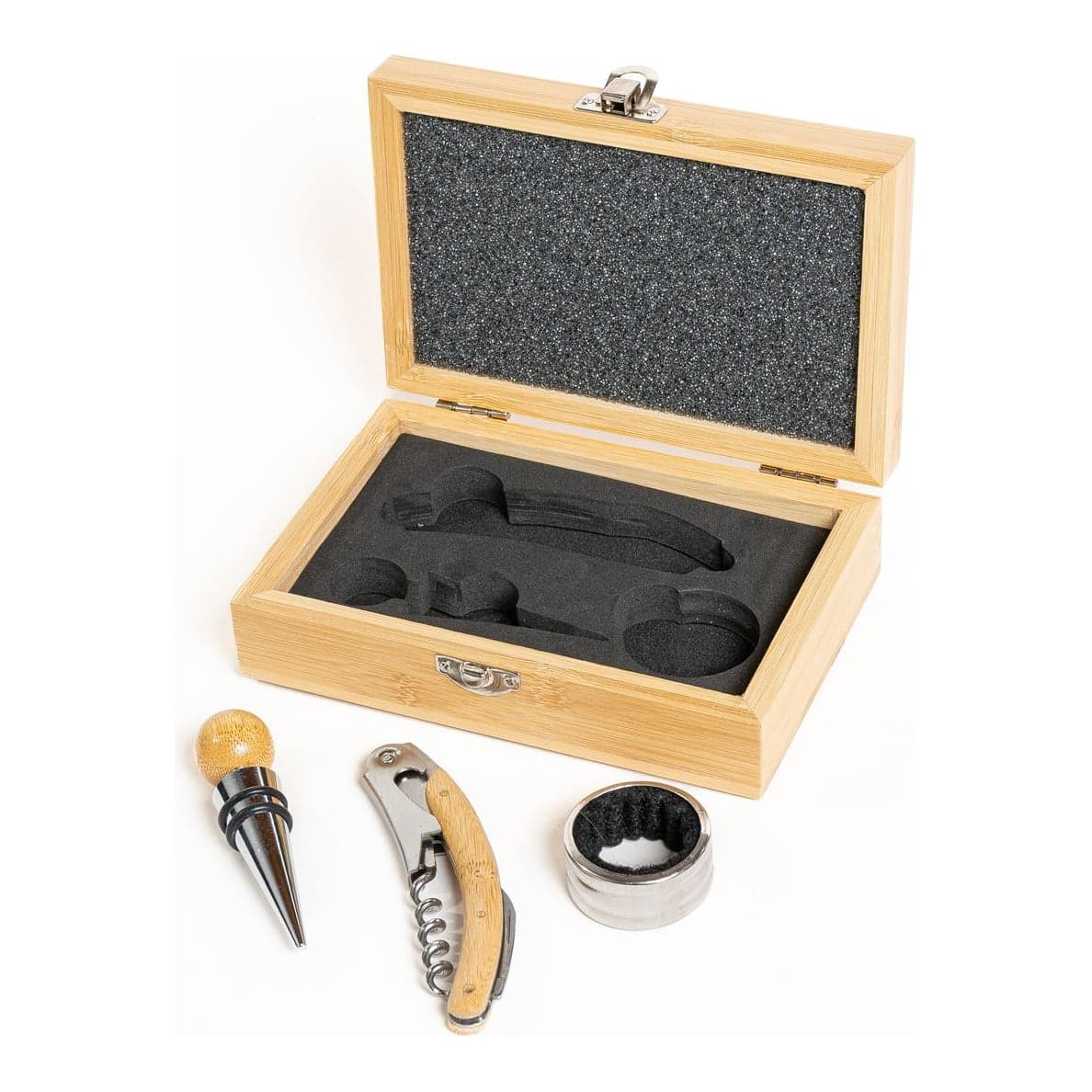 Set Vino Sacacorchos Tapón Madera