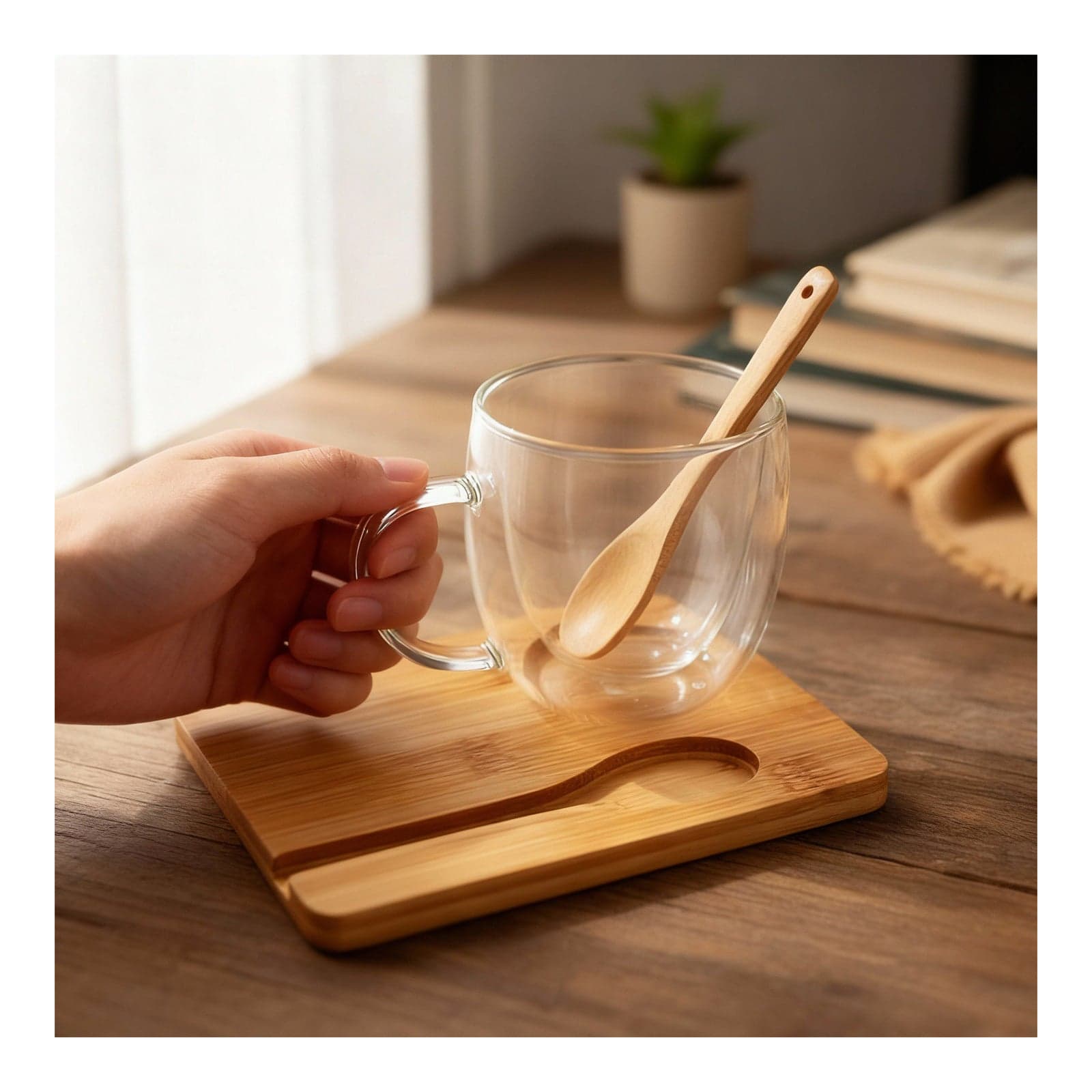 Taza Vidrio Doble Pared Con Bandeja Bamboo